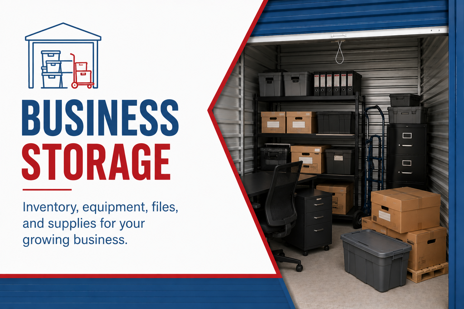 Business storage promo with shelving, boxes, and filing cabinets in a warehouse-style room
