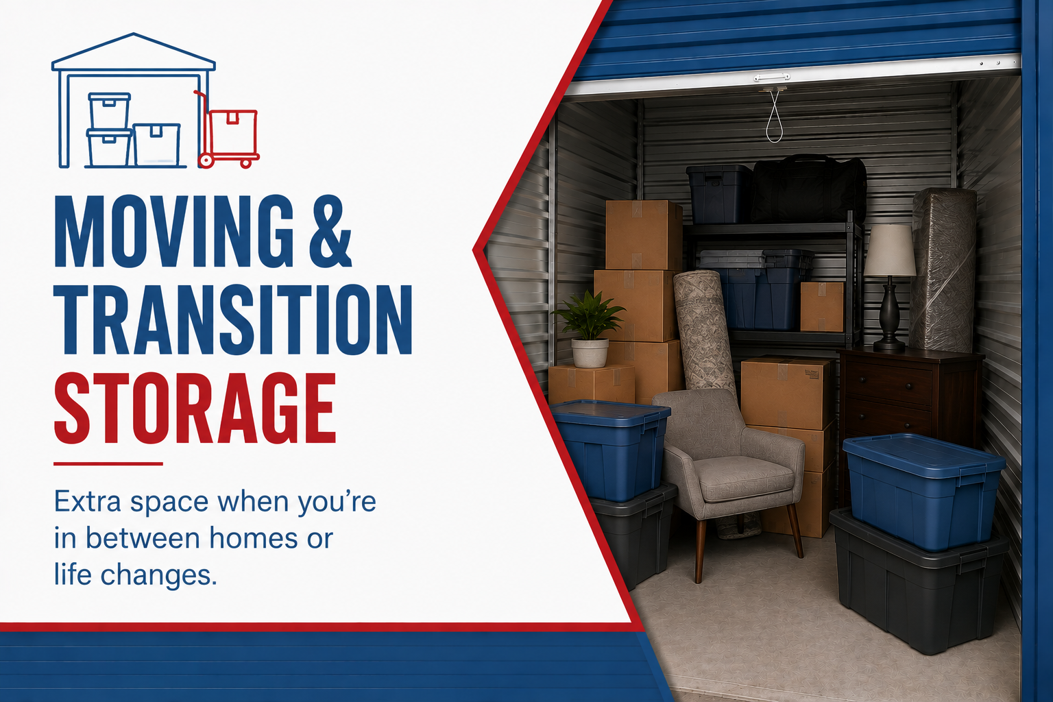 Moving and transition storage ad with packed storage unit and blue text on white and red background