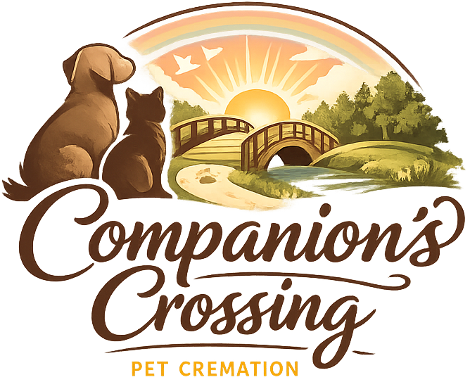 Companions Crossing pet cremation logo with two pets, sunrise, bridge, and trees