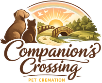 Companions Crossing pet cremation logo with two pets, sunrise, bridge, and trees