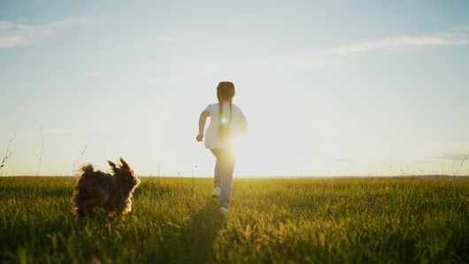 Person running with a dog through a grassy field at sunset