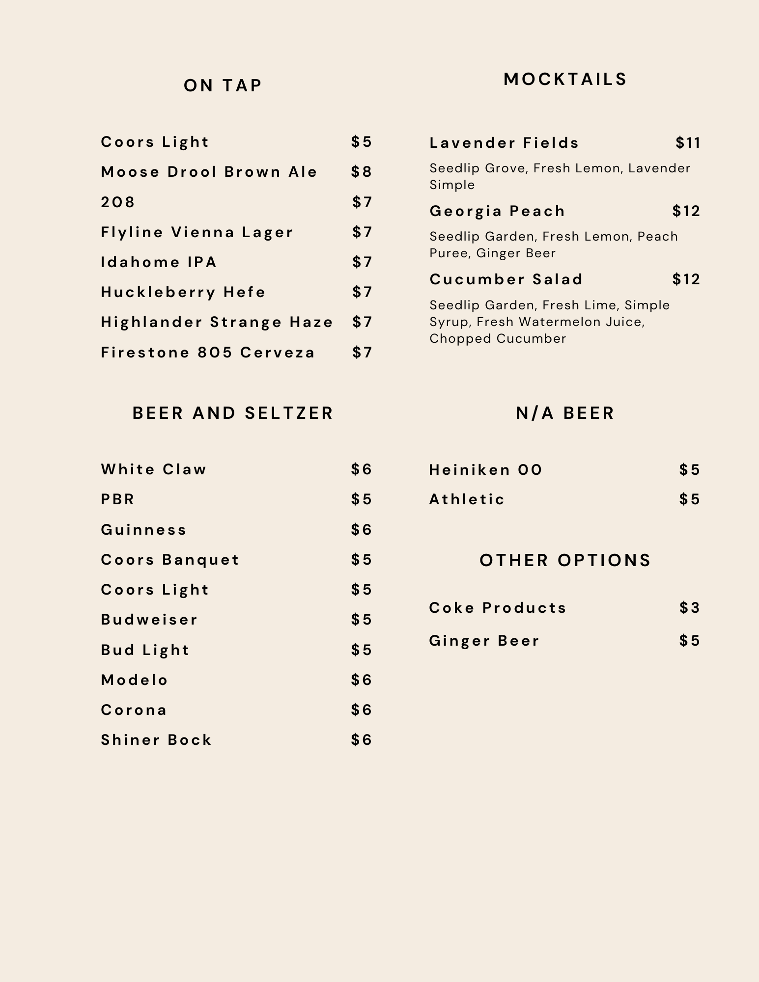 Menu board listing beers, cocktails, and other beverages with pricing.