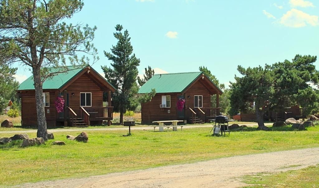 Wooden cabins with green roofs on a grassy area, clear sky.