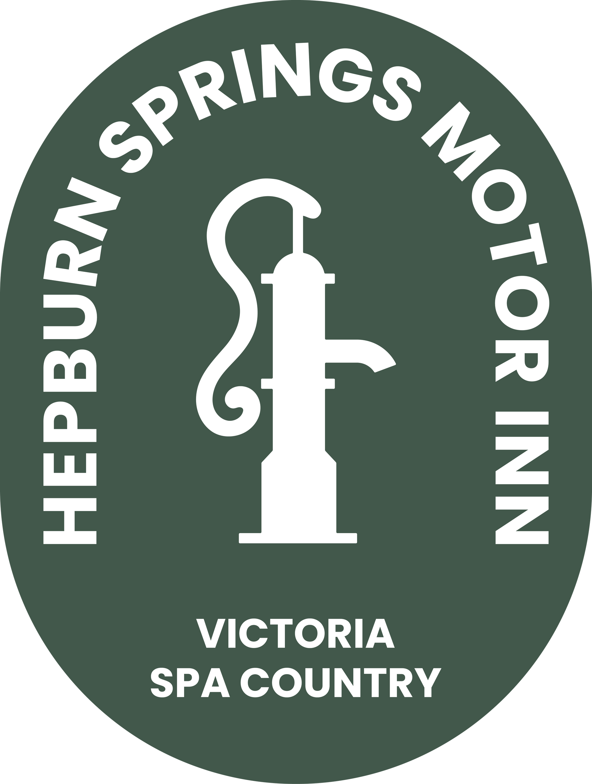 Hepburn Springs Motor Inn logo: white water pump on dark green circle with white text.
