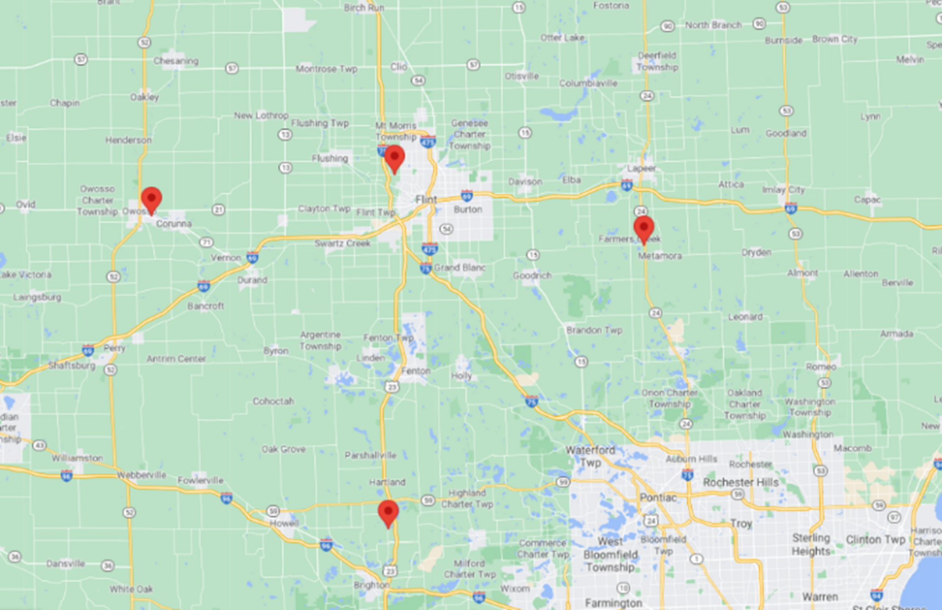 A map of the united states with red pins on it.