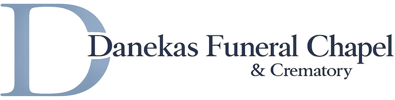 Danekas Funeral Chapel & Crematory logo with blue D and gray text