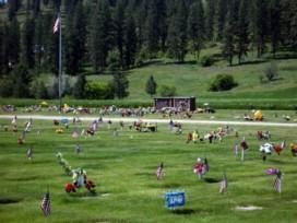 Golf driving range with many golfers practicing on a green field near a wooded hillside