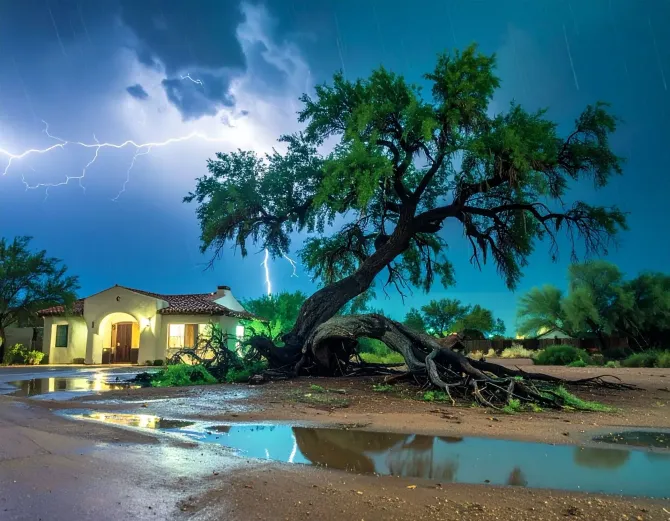 Lightning over a house and large tree reflected in a wet street after a storm