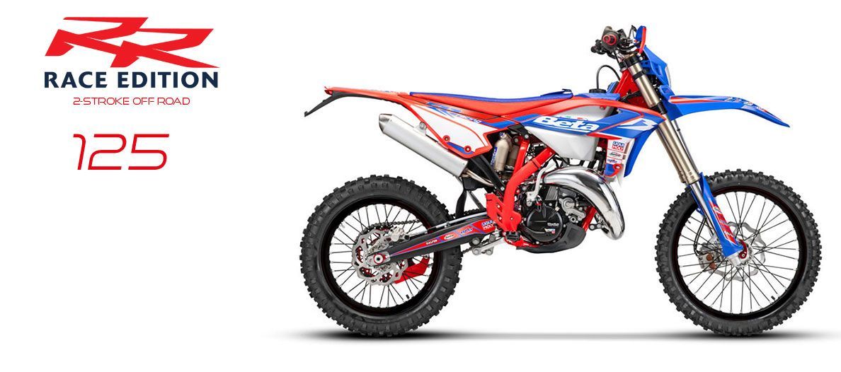 Red, white, and blue dirt bike on white background, labeled “Race Edition 125”
