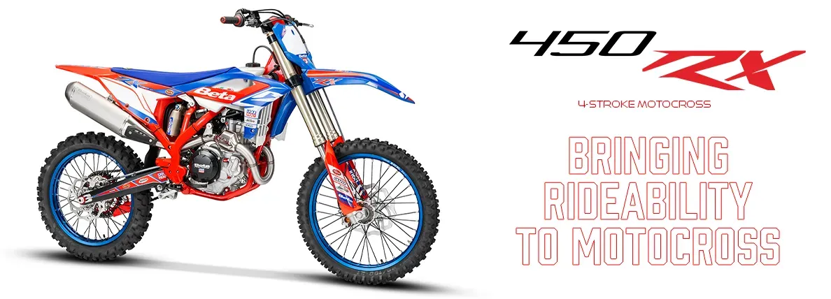 Blue and red dirt bike with 450 TX branding and white promotional text on a white background