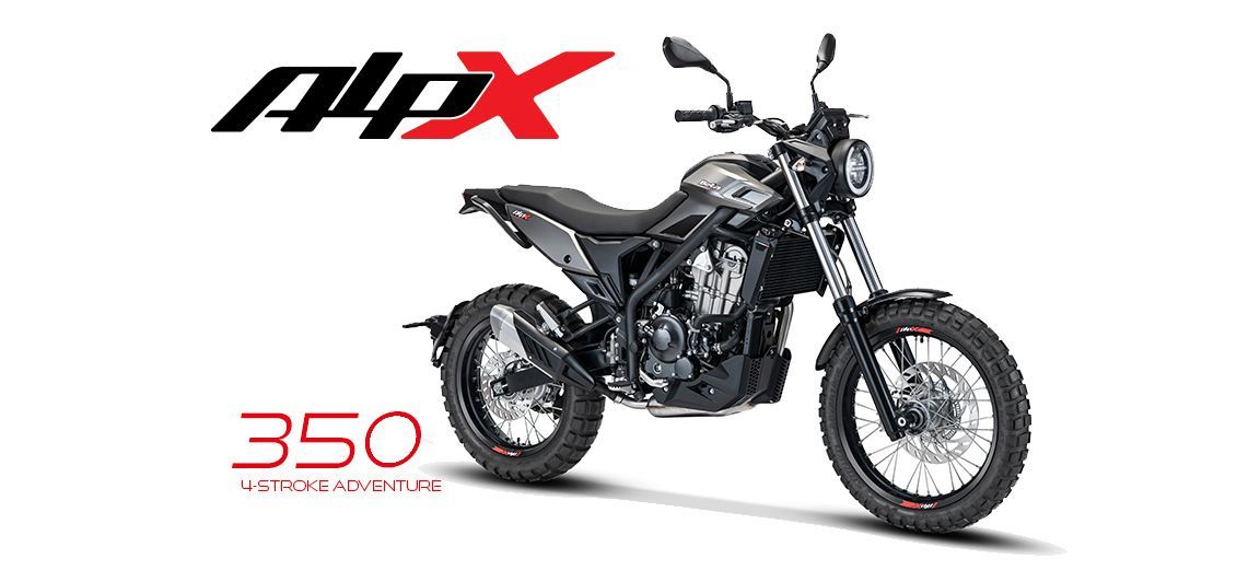 Black off-road motorcycle with “AlPX” and “350” branding on a white background