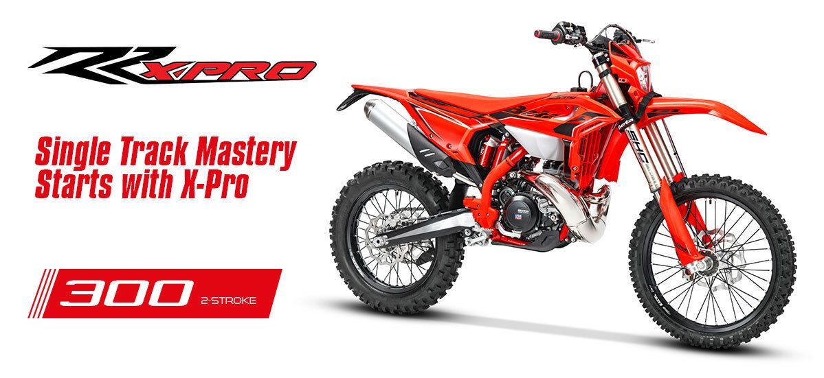 Red off-road motorcycle ad with slogan “Single Track Mastery Starts with N-Pros” and “300” badge