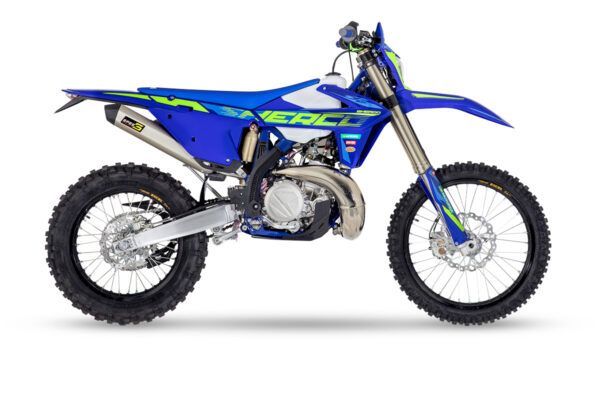 Blue and lime green dirt bike on a white background