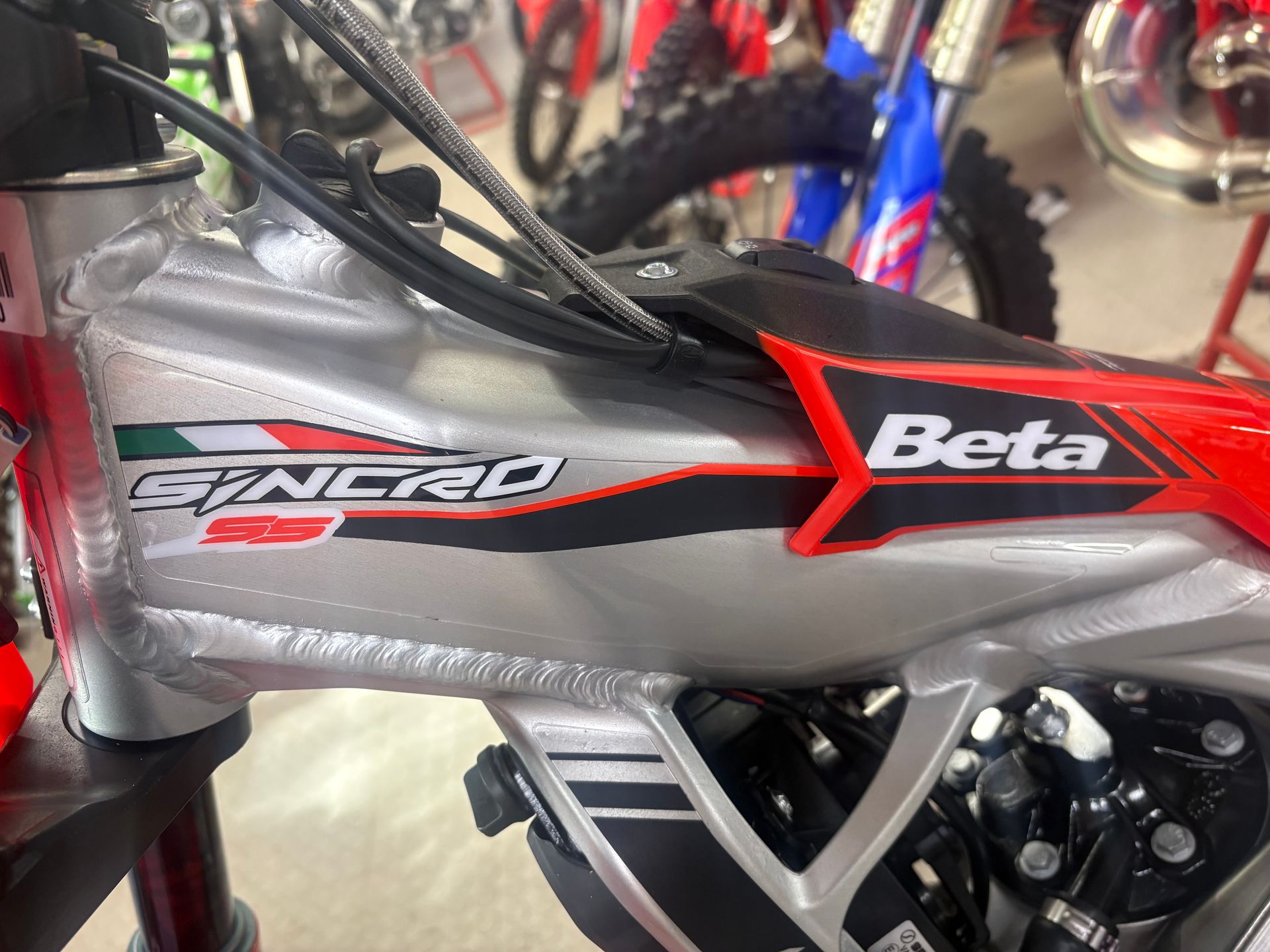 Close-up of a silver and red Beta dirt bike frame with graphics and visible wiring