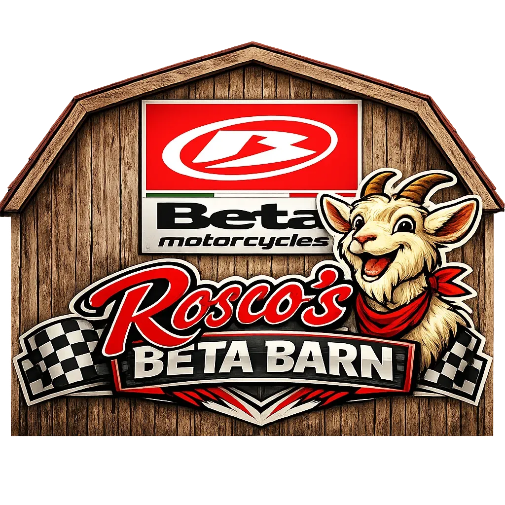 Rosco’s Beta Barn logo with Beta Motorcycles branding, a cartoon goat, and checkered flags on a wood-grain barn sign