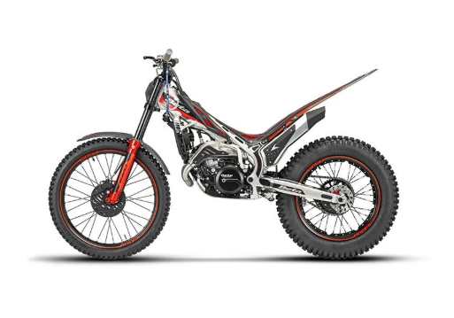 Side view of a black and red off-road motorcycle on a white background