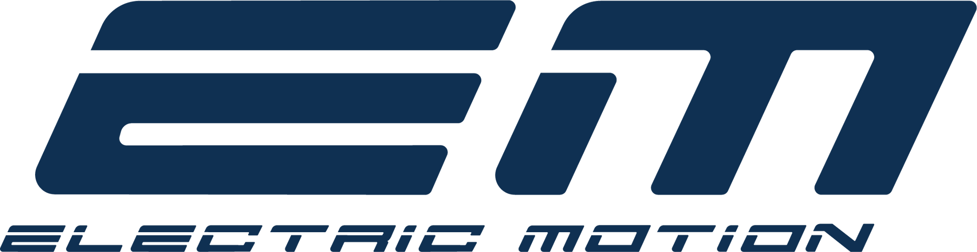 A blue and white logo for em electric motion