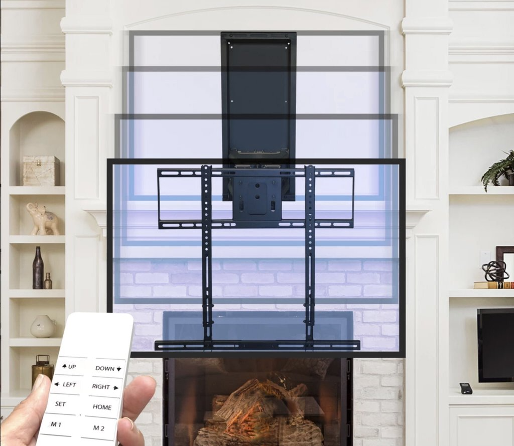 TV on a motorized mount, rising out of a fireplace. A remote control is in the foreground.