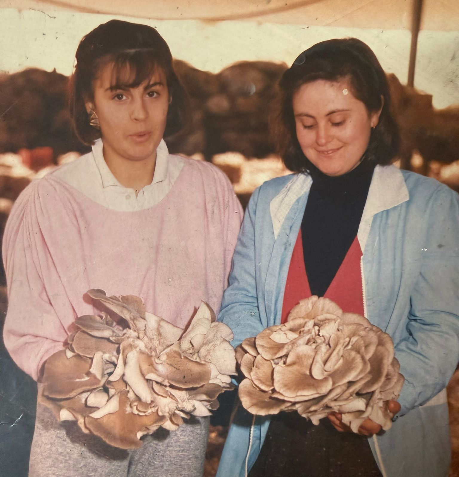 Due persone che reggono grandi mazzi di fiori color beige, una con un maglione rosa e l'altra con una giacca blu, in piedi all'aperto.