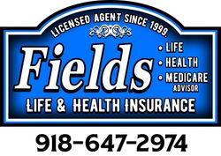Fields Life & Health Insurance sign, blue and white, with phone number 918-647-2974