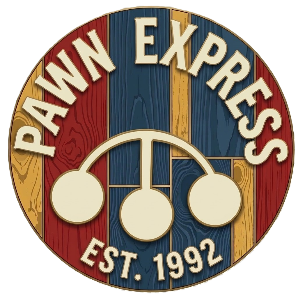 Pawn Express circular logo with red, blue, and gold stripes and &ldquo;EST. 1992&rdquo; text