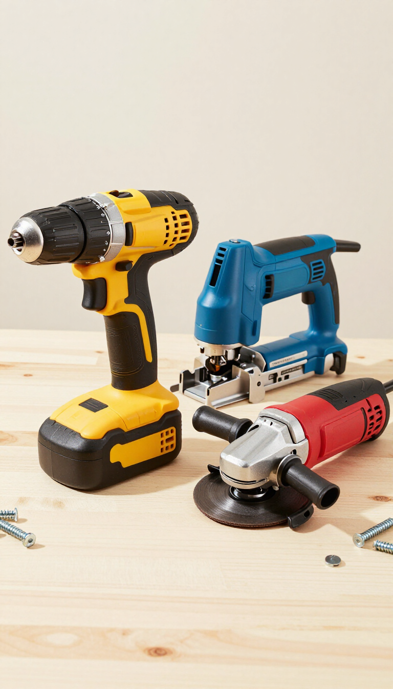 Three power tools on a wooden table: yellow drill, blue jigsaw, and red angle grinder