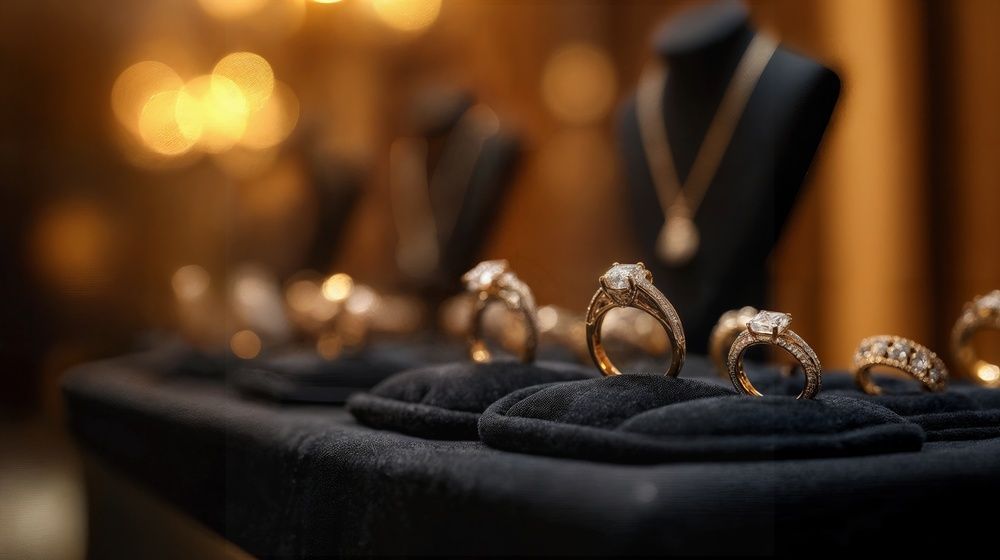 Gold rings displayed on black velvet in a warm-lit jewelry shop, with a necklace bust in the background