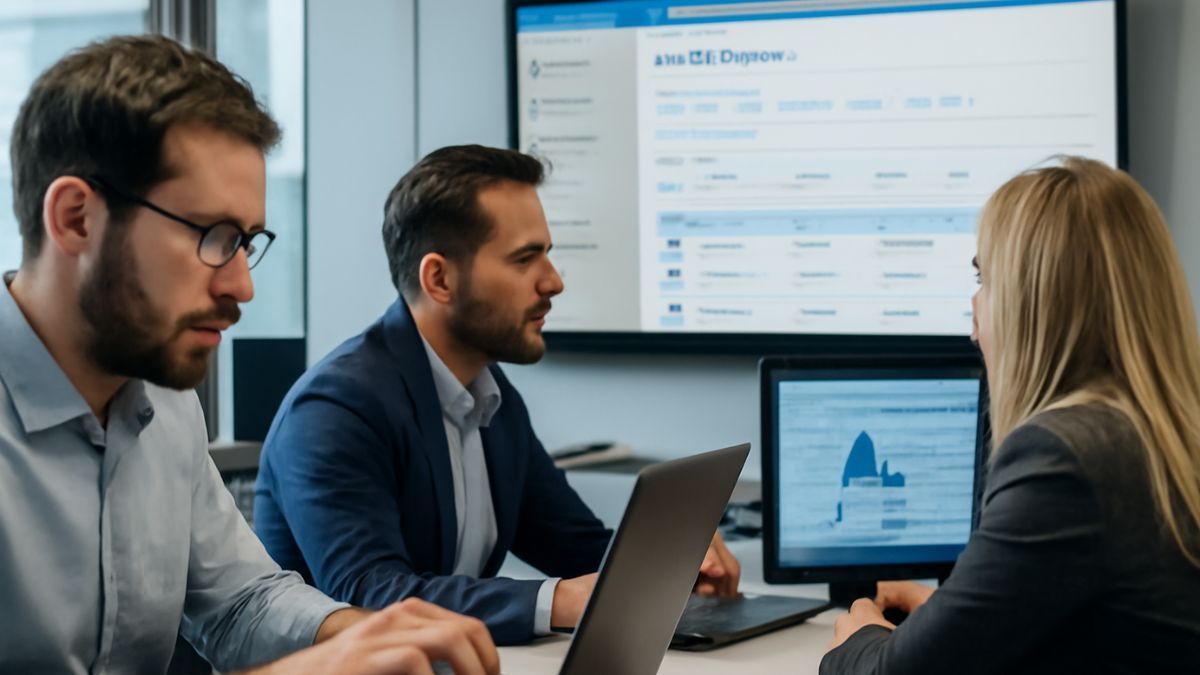 Profissionais de TI gerenciando identidades corporativas com o Active Directory no Azure em um ambiente moderno de escritório.