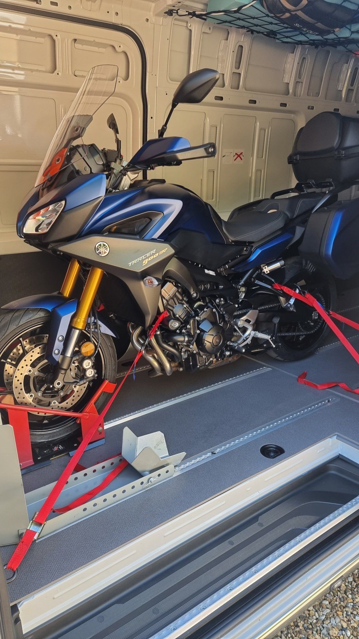 A Yamaha Tracer 900GT secured in a Mercedes Sprinter for transport by MTC Transport