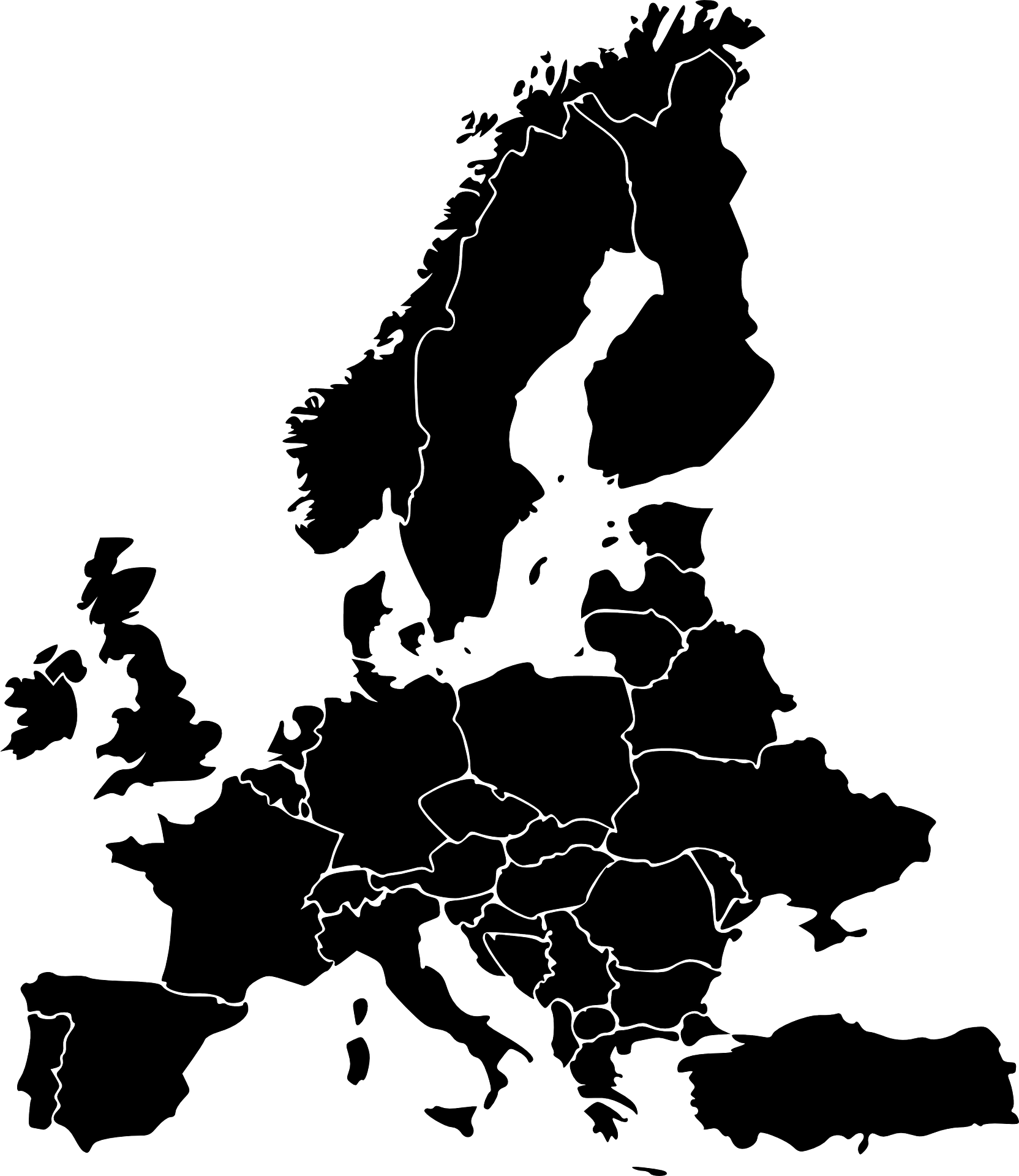 A black and white map of europe with a white border