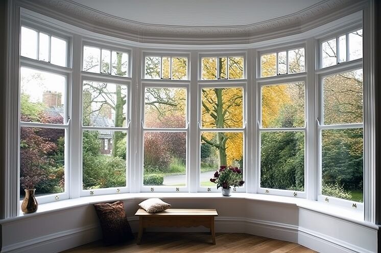 A large bay window with a bench in front of it