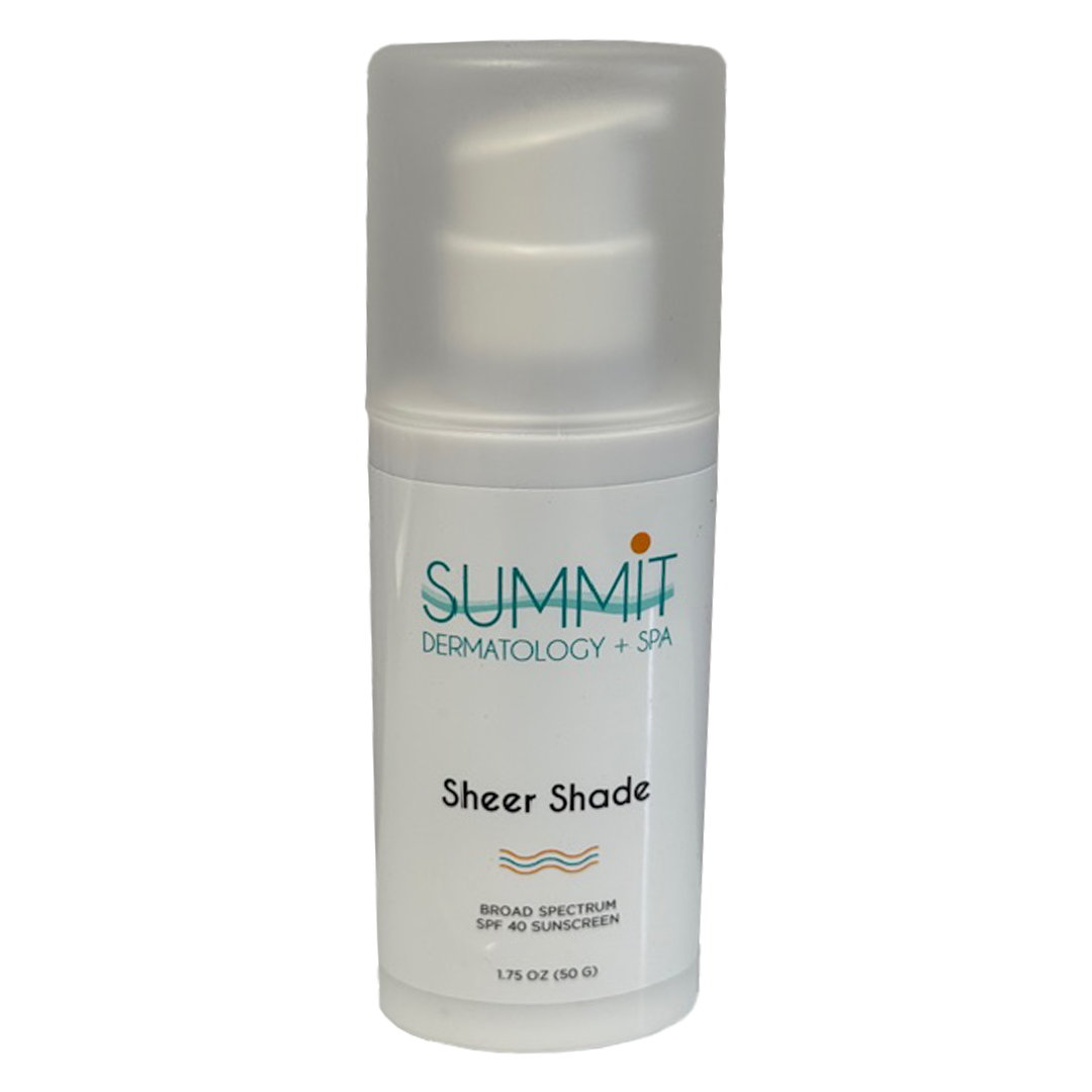 A bottle of summit dermatology sheer shade sunscreen on a white background.