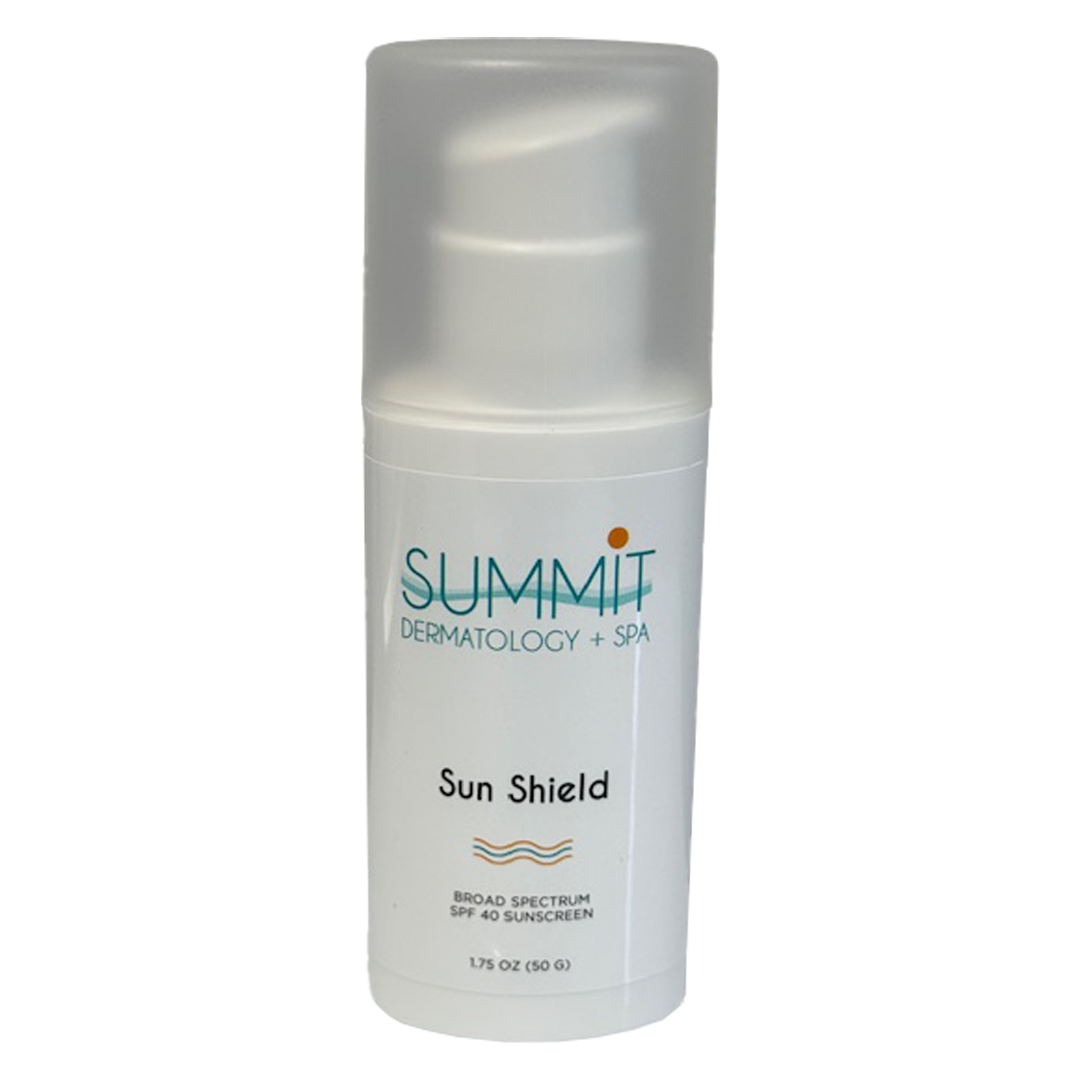 A white bottle of summit dermatology sun shield on a white background.