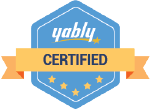 A blue badge with a yellow ribbon that says certified on it.