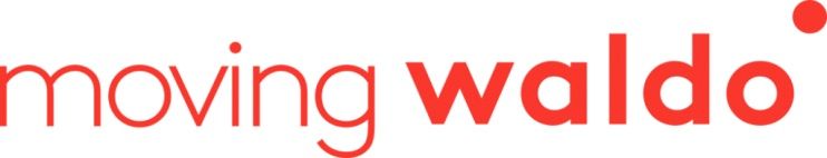 moving waldo is written in red on a white background