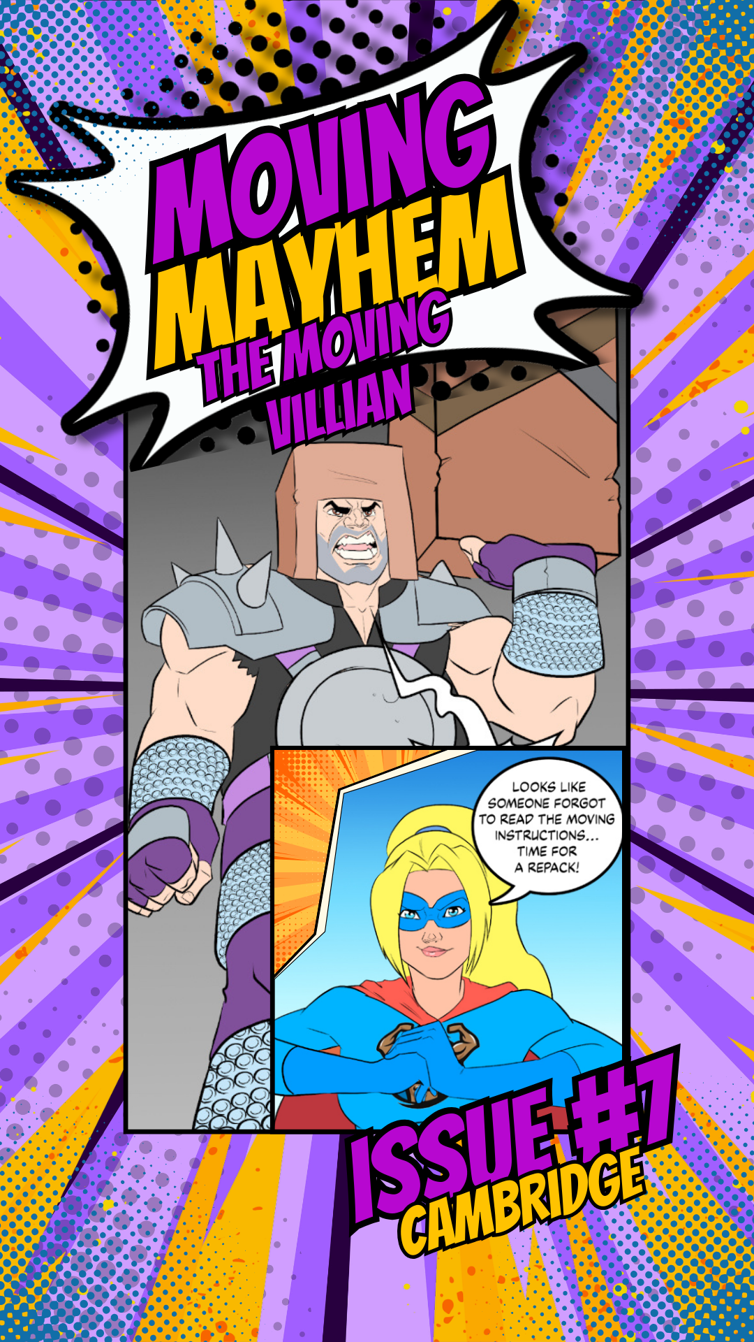 A comic book cover for moving mayhem issue # 7 by cambridge.