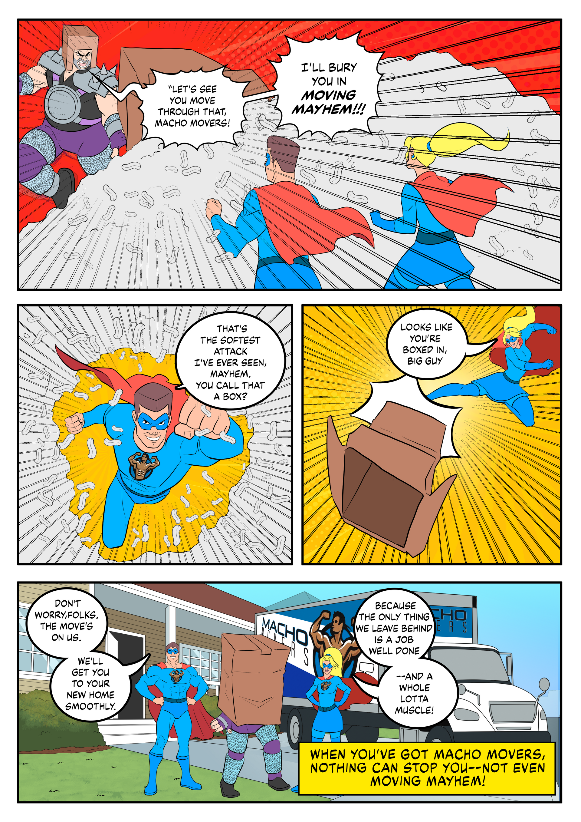 A cartoon of a superhero carrying a cardboard box