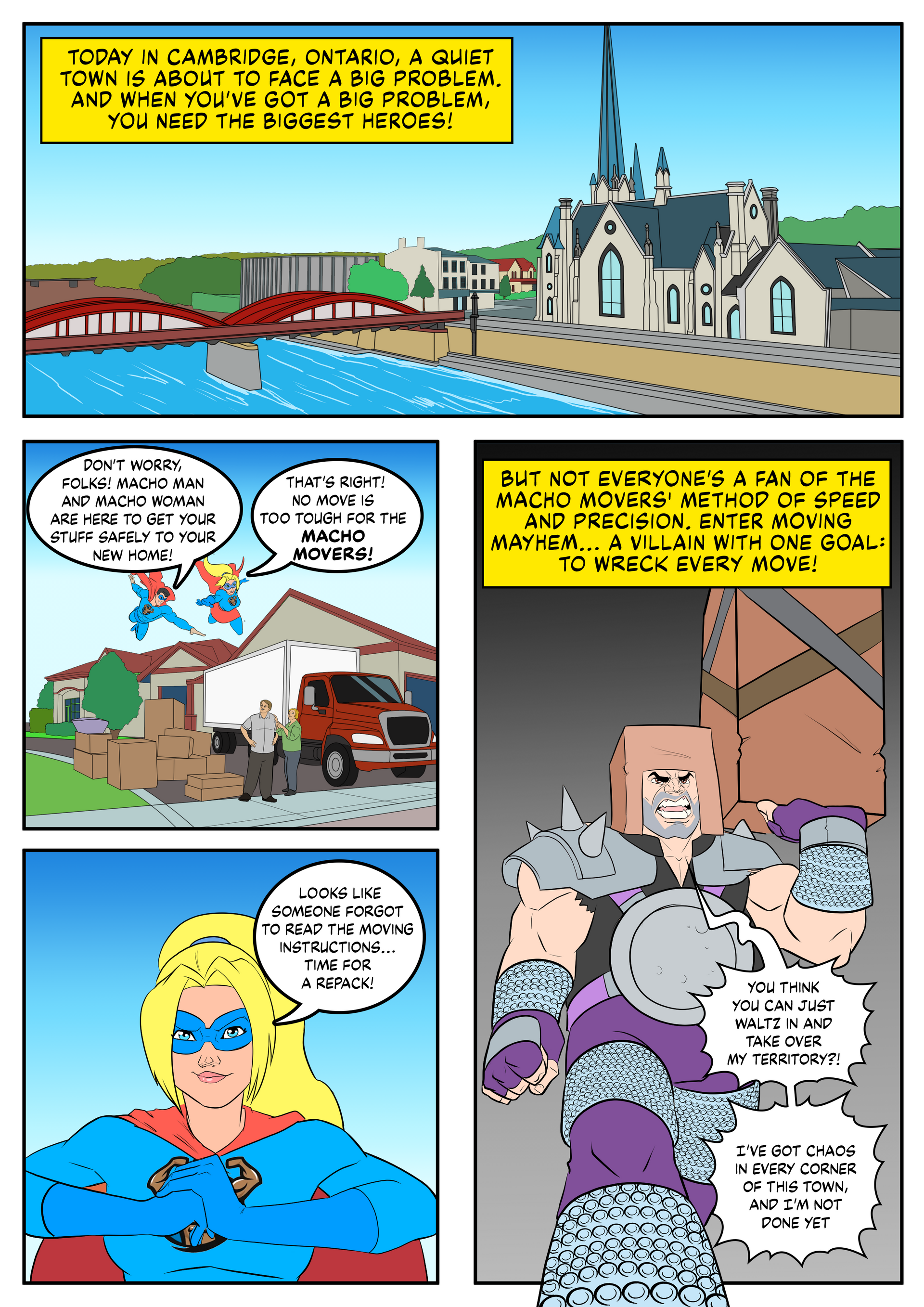 A comic book page with a superhero and a knight talking to each other.