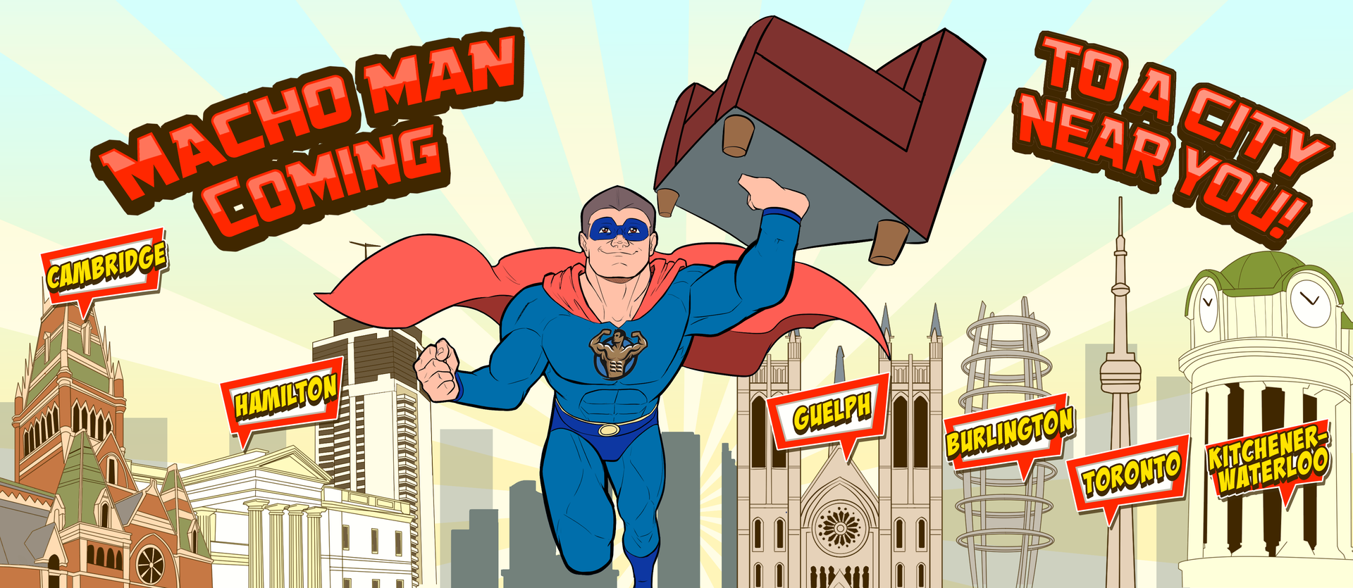 A cartoon of a man in a superhero costume flying over a city holding a couch ..