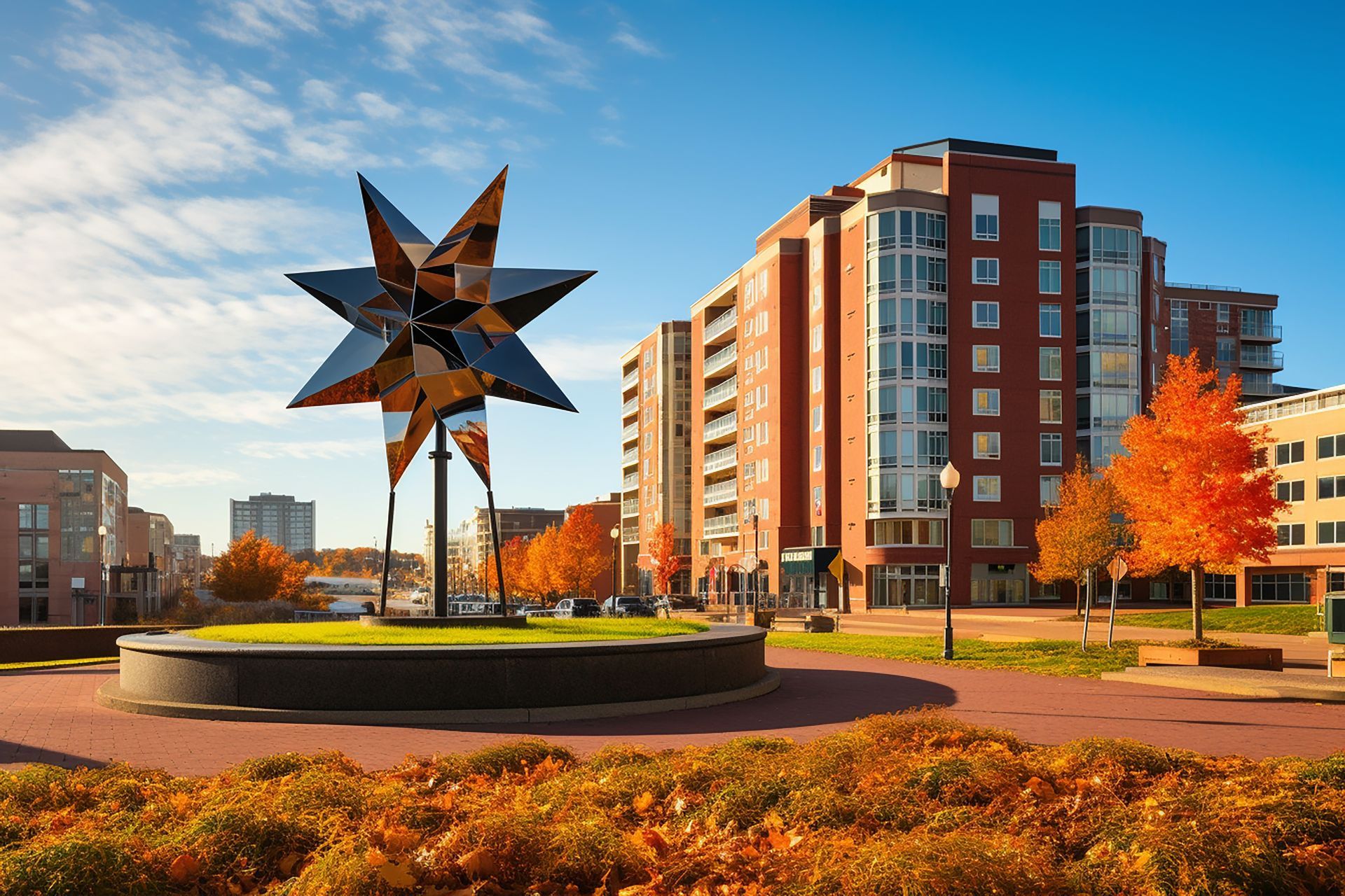 A large sculpture of a star is in front of a brick building.