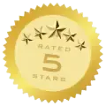 Gold seal with 5 stars, text