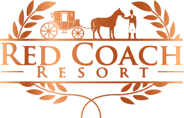 Red Coach Resort logo featuring a coach, horse, attendant, and laurel wreaths in copper.