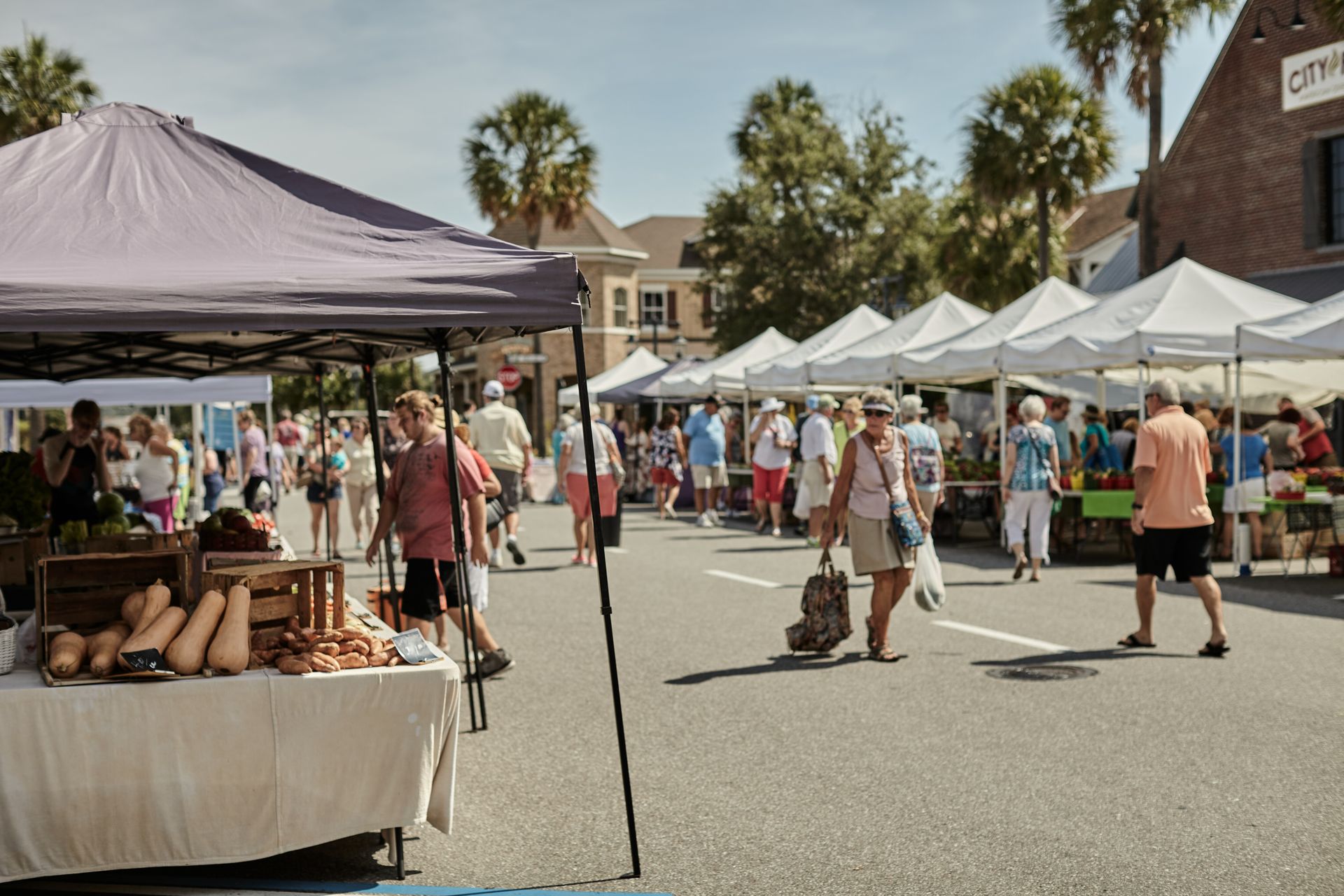 Outdoor farmers market with vendors and shoppers; sunny day.