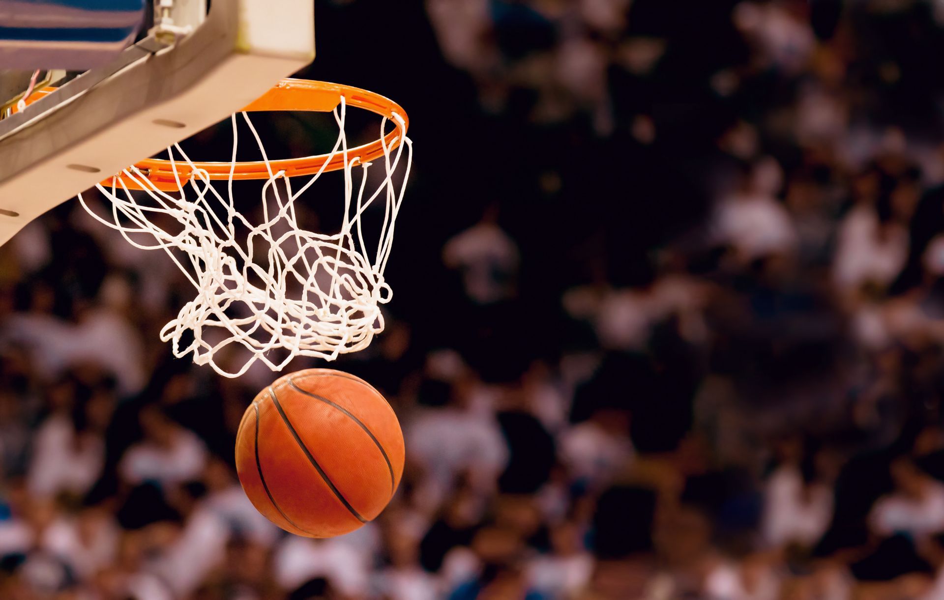 Basketball in mid-air, about to go through a hoop; crowd in the background.