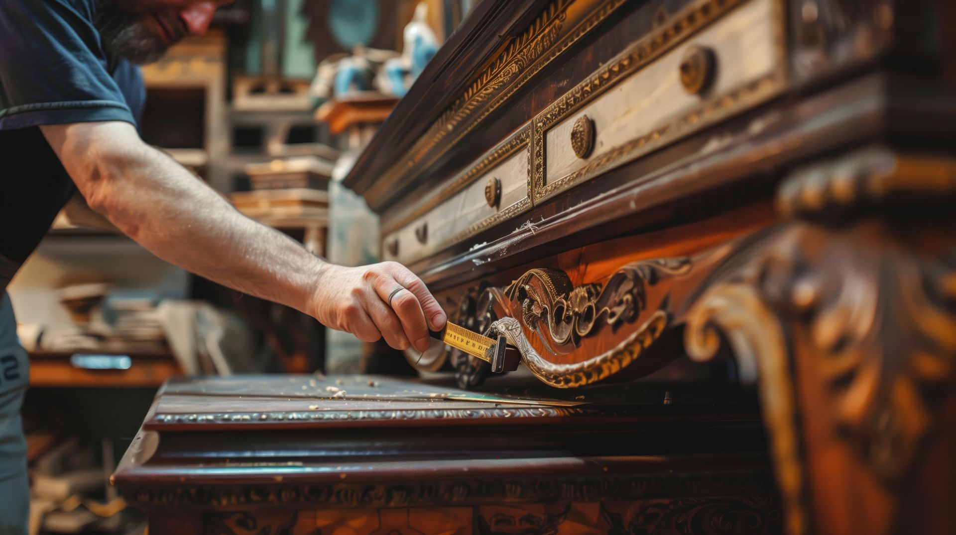 Person restoring antique furniture with a brush, close-up of detail. Workshop setting.