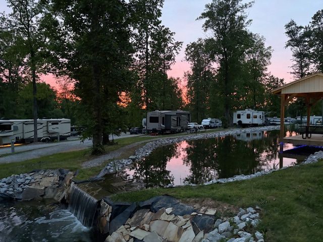 Sunset by the Camp B koi Pond Red Coach Resort