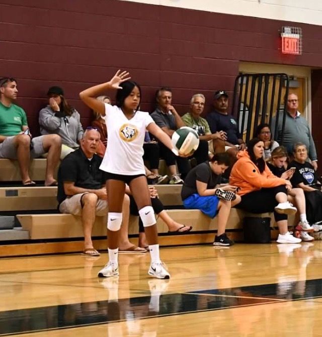 Volleyball player in white jersey preparing to serve on an indoor court, with spectators seated in the background
