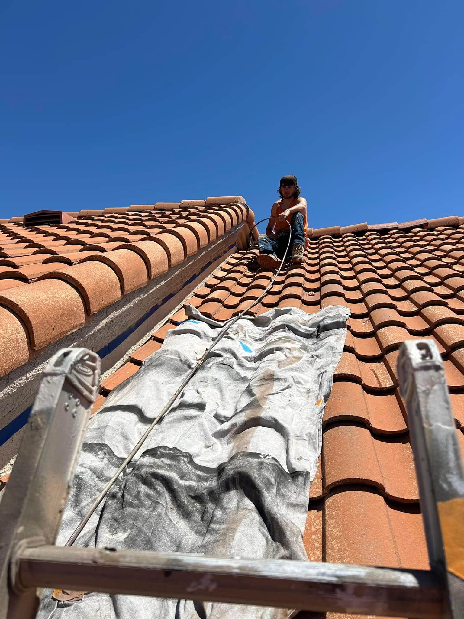Person sitting on a terracotta tiled roof with a blue sky overhead. A ladder leans against the roof.