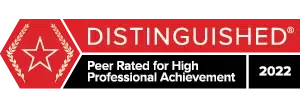 Red Distinguished Peer Rated for High Professional Achievement award badge, 2022, with star emblem.