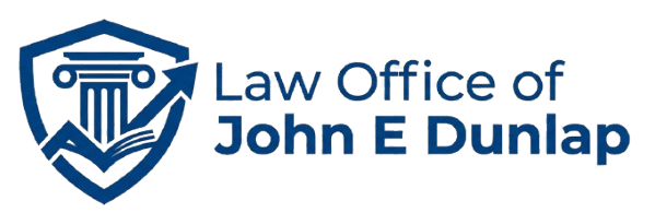 Law Office of John E Dunlap logo with blue shield and columns